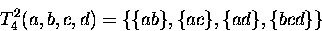 \begin{displaymath}
T^2_4(a,b,c,d) = \{\{ab\},\{ac\},\{ad\}, \{bcd\}\} \end{displaymath}