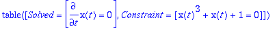 TABLE([Solved = [diff(x(t),t) = 0], Constraint = [x...